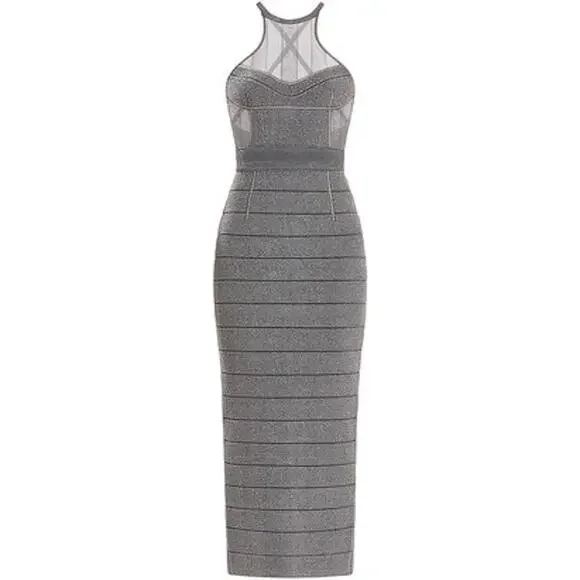 Herve Leger Textured Sheer Bustier Halter Gown Bandage Dress Silver Gray size L - Picture 13 of 15